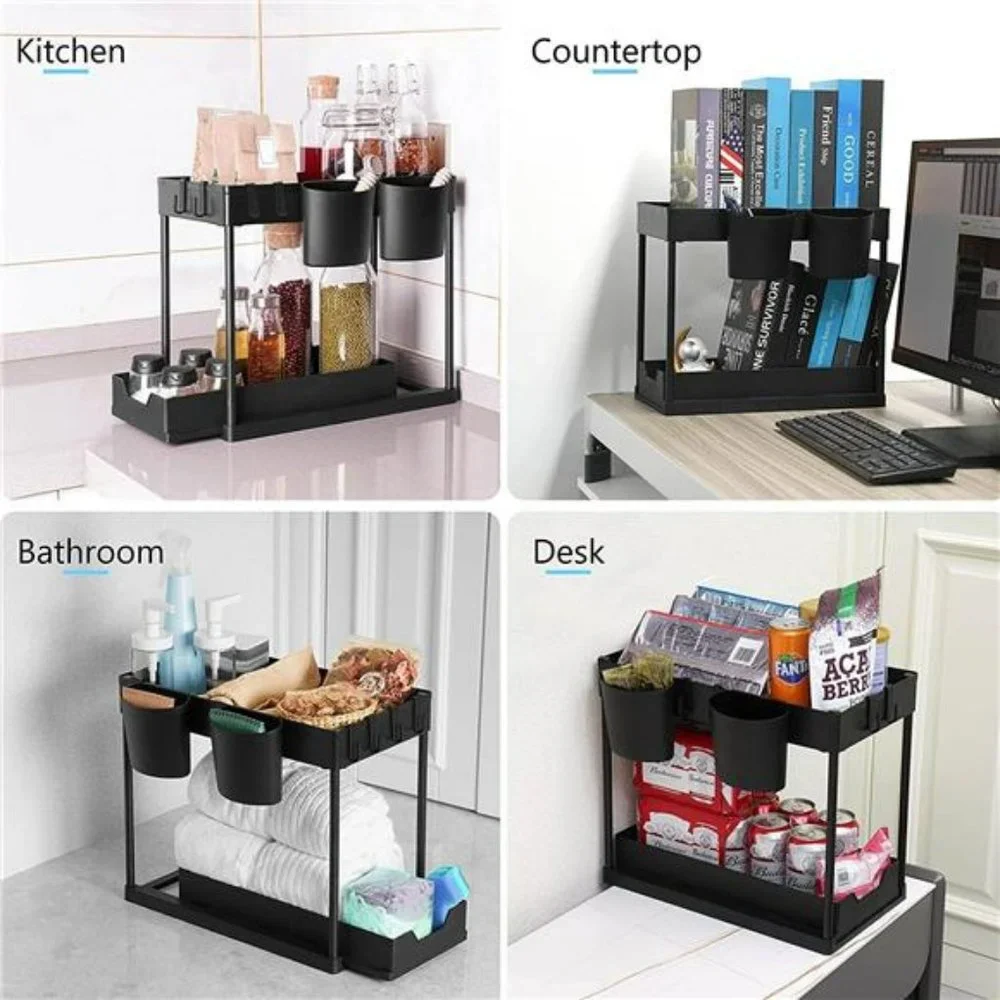 2 Pack Under Sink Organizers & Storage with Sliding Drawer, 2 Tier, Modern Black